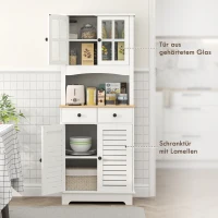 HOMCOM Küchenschrank mit Glastüren, 2 Schubladen, Geschirrschrank, Esszimmerschrank, Holz, 68 x 39,5 x 170 cm, Weiß(m-6)