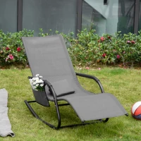 Outsunny Outdoor Garden Rocking Chair, Patio Sun Lounger Rocker Chair with Breathable Mesh Fabric, Removable Headrest Pillow, Armrest, Side Storage Bag, Grey(m-10)