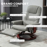 HOMCOM Fauteuil relax inclinable repose-pieds réglable pivotant 360° piètement bois revêtement synthétique gris(m-6)