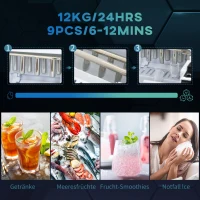 HOMCOM Eiswürfelmaschine Eiswürfelspender, Ice-Maker, 12kg/Tag, 9 Stück/ 6-12Minuten, Silber(m-4)