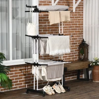 HOMCOM Tendedero de Ropa Plegable con Ruedas 3 Niveles con Alas Plegables y Colgadores 73x64x172 cm Negro y Blanco(m-7)