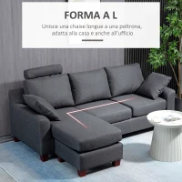 HOMCOM Divano Angolare a 3 Posti con Poggiapiedi e Cuscini, Divanetto a forma L per Salotto e Soggiorno, in Tessuto di Lino, Grigio Scuro, 195 x 81 x 86cm(m-4)