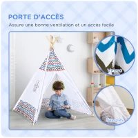 HOMCOM Tente Teepee Indien Tente de jeu pour enfant tipi enfant interieur Style Graphique - dim. 1,2L x 1,2I x 1,55H m Porte refermable fenêtre Polyester Coton Intérieur Extérieur Blanc Multicolore(m-5)