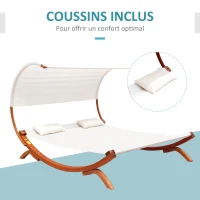 HOMCOM Bain de Soleil transat Design 2 Places tétières & Pare-Soleil Inclus Bois mélèze pré-huilé Polyester crème(m-5)
