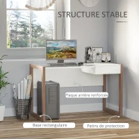 HOMCOM Bureau Informatique Table de Travail Ordinateur avec Grand Plateau en Verre Trempé et Tiroir Intégré Idéal pour Bureau Chambre 120 x 60 x 75 cm Blanc et Bois(m-5)