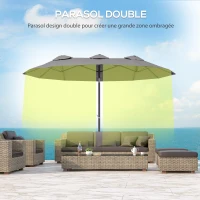 Outsunny Parasol de jardin double grande taille ouverture fermeture manivelle acier polyester 295 x 152 x 222 cm gris(m-5)