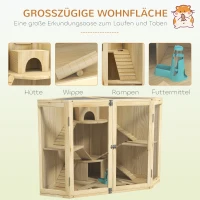PawHut Hamsterkäfig, 4-Ebenen-Design, mit Fütterungsstation, Wippe, Rampe, Hütten, 115 x 69,5 x 79 cm, Holz(m-4)