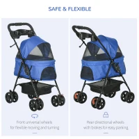 PawHut Dog Stroller with Rain Cover, Dog Pushchair One-Click Fold Trolley Jogger with EVA Wheels Brake Basket Adjustable Canopy Safety Leash for Small Dogs, Blue(m-6)