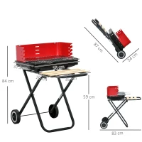 Outsunny Charcoal Trolley BBQ Barbecue Grill Patio Camping Picnic Garden Party Outdoor Cooking with Windshield and Wheels Side Trays, Black/Red(m-3)