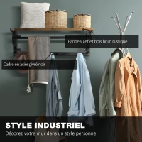 HOMCOM Porte-manteau Étagère Murale Flottante Meuble Entrée, Vestiaire, Style Industrielle avec Crochets et Tringle - en métal pour Cuisine, Salon, Chambre et Salle de Bain(m-6)