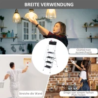 HOMCOM Trittleiter Haushaltsleiter Klappleiter, inkl. Werkzeughalterung, Geländer, 50 x 83 x 155 cm, Schwarz + Silber(m-5)