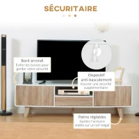 HOMCOM Meuble TV Bas sur Pied Style scandinave 2 Portes Niche tiroir MDF Blanc Aspect chêne Clair(m-7)