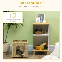 PawHut Katzenhöhle aus Rattan mit Stauraum, inkl. waschbaren Kissen, 40 cm x 40 cm x 77 cm, Eiche + Weiß + Beige(m-4)