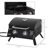 Outsunny Barbecue a Gas Pieghevole con Coperchio, Termometro e 2 Bruciatori in Acciaio, 55x46.5x41 cm, Nero(m-3)