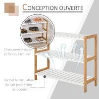 HOMCOM Etagère à Chaussures, étagère de Rangement, Meuble Chaussures 3 Niveaux Bambou MDF Blanc(m-6)