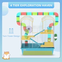 PawHut 4 Tier Hamster Cage w/ Tubes, Exercise Wheel, Hut, Water Bottle, Food Dish, Ramps, for Dwarf Hamster, Light Blue(m-4)