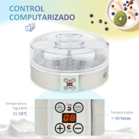 HOMCOM Máquina de Yogur con 7 Tarros de Cristal de 180 ml Termostato Ajustable Temporizador y Pantalla LED 24x24x13 cm Blanco(m-6)