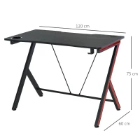 HOMCOM Bureau Gaming Table Bureau pour Ordinateur de Jeu avec Crochet et Porte-Gobelet Patins Réglables 120 x 60 x 75 cm Noir et Rouge(m-3)