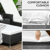 Outsunny 3-Pieces PE Rattan Sun Lounger, Patio Chaise Lounge Chair Set with Adjustable Backrest, Soft Cushions, Glass Top Coffee Table, Cream White(m-6)