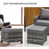 Outsunny Rattan Footstool Wicker Ottoman with Padded Seat Cushion Outdoor Patio Furniture for Garden Poolside Living Room, 50 x 50 x 35 cm, Grey(m-6)
