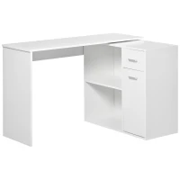 HOMCOM Eckschreibtisch Arbeitstisch Winkelschreibtisch PC-Tisch Computertisch Bürotisch 180-Grad-Design mit Regal und Schublade L-Form drehbar platzsparend Spanplatte Weiß 117x 82x74 cm(m-1)