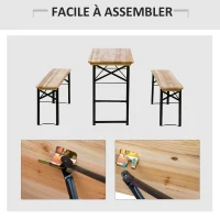 Outsunny Table de Camping Pique-Nique Pliable Portable + 2 bancs Pliables métal époxy Noir Bois Massif Sapin(m-6)