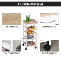 HOMCOM Mobile Rolling Kitchen Island Trolley for Home w/ Metal Baskets Trays Shelves Wheels Compact Stylish Storage White(m-6)