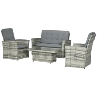 Outsunny Set da Giardino 4pz in Rattan Grigio con Tavolo ad Altezza Regolabile, 2 Poltrone Reclinabili e Divano 2 Posti(m-10)