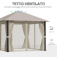 Outsunny Gazebo da Giardino 3x3m in Alluminio e Acciaio con Prese d'Aria, Zanzariera e Tende, Cachi(m-4)