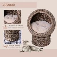 Pawhut Cuccia per Gatti Rialzata con Cuscino, Casetta Naturale con Foglie di Banana, Beige e Marrone, 40x37x51cm(m-4)