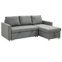 HOMCOM Canapé d'angle convertible canapé lit canapé 3 places modulable avec méridienne réversible, coffre de rangement intégré et 3 coussins de dossier, tissu aspect lin, gris(m-1)