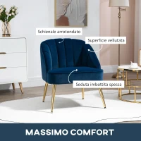 HOMCOM Poltroncina da camera in velluto con Gambe in Acciaio Dorate, 65x64x77cm Blu Scuro(m-4)