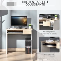 HOMCOM Bureau secrétaire bureau informatique simple pour enfant avec tablette clavier et tiroir coulissant chêne clair blanc(m-5)