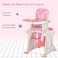 HOMCOM Trona para Bebés 2 en 1 para 6 Meses a 6 Años Transformable en Mesa y Silla Multifuncional Ajustable en 3 Posiciones Respaldo Alto Acolchado con 2 Bandejas Extraíbles 57x59x105 cm Rosa(m-8)