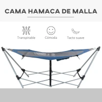 Outsunny Hamaca de Jardín con Soporte Plegable con Cama de Tela Oxford y Malla Transpirable Bolsillo de Almacenaje y Portátil con Bolsa 235,5x82x90,5 cm Azul y Plata(m-4)