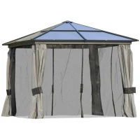 Outsunny 3 x 3(m) Hardtop Gazebo Canopy with Polycarbonate Roof, Aluminium Frame, Permanent Pavilion Garden Gazebo with Netting and Curtains for Patio, Deck, Dark Grey(m-11)