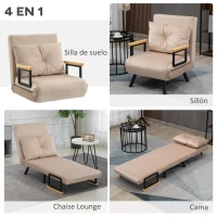 HOMCOM Sofá Cama Individual Plegable Silla Cama Convertible 4 en 1 Respaldo Ajustable de 5 Niveles y Almohada 63x73x81 cm Beige(m-4)