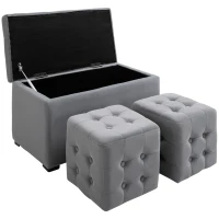 HOMCOM 3-teiliges Set mit Stauraum, 2 x Sitzhocker, Polster-Sitztruhe, Fußhocker, Aufbewahrungsbox, Fußablage, belastbar bis 130 kg, Mikrofaserstoff, Schaumstoff, 75 x 40 x 42 cm, Hellgrau(m-1)