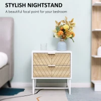 HOMCOM Modern Bedside Table with 2 Drawers and Metal Frame, Sofa Side Table for Bedroom Living Room, Set of 2, White and Oak(m-4)