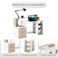 HOMCOM Bureau informatique avec 2 tiroirs, bureau avec rangement, 137 x 55 x 92 cm, étagères ouvertes et tablette d'imprimante, style moderne, table d'ordinateur pour chambre, studio, chêne(m-5)