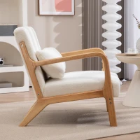 HOMCOM Fauteuil lounge - 3 coussins inclus - assise profonde - accoudoirs - structure bois hévéa - aspect velours crème(m-6)