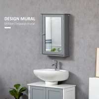 kleankin Armoire murale de salle de bain avec miroir - placard de rangement toilettes - 1 porte, 2 étagères - Verre et Bois gris(m-4)