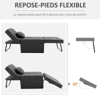 HOMCOM Chauffeuse 1 place 4 en 1 Fauteuil lit Convertible Pouf Dossier inclinable 5 Niveaux Repose-Pied Rabattable, Charge 200 Kg, châssis métal et Tissu Lin gris(m-5)