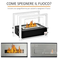 HOMCOM Camino a Bioetanolo Portatile, Biocamino da Tavolo o da Terra in Acciaio e Vetro, Serbatoio da 1.5L, Bianco e Nero(m-6)