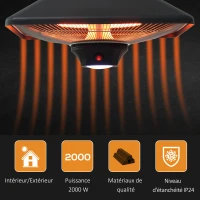 Outsunny Chauffage radiant suspendu IP24 et 20 m² chauffage d'appoint sans CO₂ dim. 43L x 43l x 25H cm 2 tubes 1000/2000 W extérieur intérieur télécommande éclairage LED intégré noir(m-5)