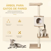 PawHut Árbol para Gatos de Pared 38x30x149 cm con Múltiples Plataformas de Madera Cueva Cama Superior Cojín Extraíble Postes Rascadores de Sisal Torre para Escalar Beige y Roble(m-4)