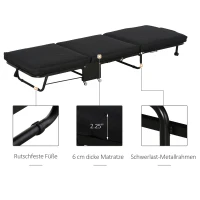 HOMCOM Klappbett 65x184 cm, Erwachsene Gästebett Klappbar mit 6 cm Dicker Schaumstoff, Reisebett mit Metallrahmen, Feldbett mit Rollen und höhenverstellbarem Kopfteil, bis 120 kg belastbar, Schwarz(m-6)