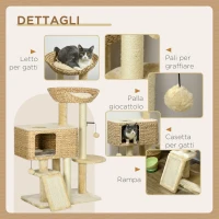 PawHut Albero Tiragraffi per Gatti con Casetta, Trespolo e Pallina, in Legno e Poliestere, 60x40x98 cm, Marrone e Beige(m-6)