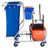 HOMCOM Putzwagen Reinigungswagen mit 2 x 18L & 2 x 6L Eimern Wischwagen Haushaltswagen mit Mopp-Presse, Aufbewahrungskorb, Blau Orange 93 x 80 x 97 cm(m-4)