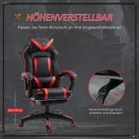 Vinsetto Gaming-Stuhl Bürostuhl Drehstuhl Chefsessel mit Fußstütze Rückenlehne Kissen verstellbar Kunstleder Rot+Schwarz 65x64x114-123,5 cm(m-4)